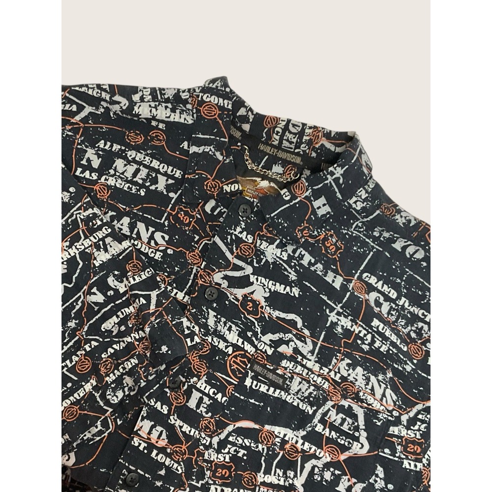 Harley Davidson Mens XL Tall Button Down Shirt Short Sleeve AOP Roads Map Black